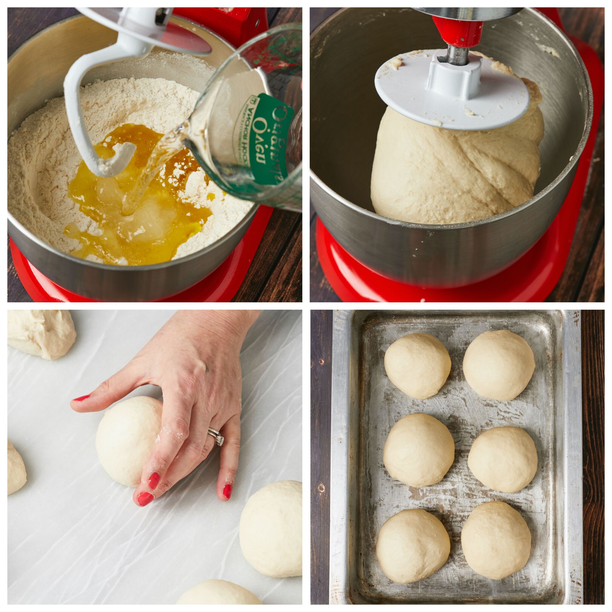 Step-by-step instruction on how to make the Easiest Pizza Dough Recipe. First mix dry ingredients separately then stream in water and olive oil JUST until all forms a smooth and elastic dough. Divide the dough and shape them into individual balls then proof in a buttered baking tray on lightly-floured parchment paper. 