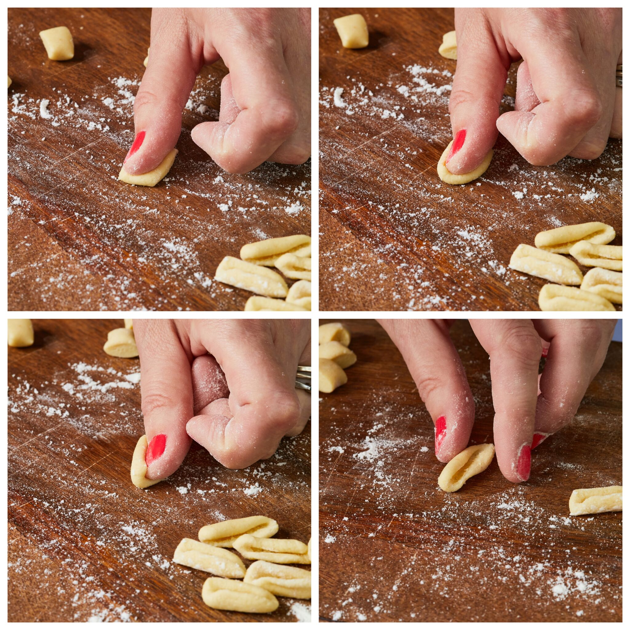 Step-by-step instructions on how to shape Cavatelli pasta: take one piece of dough and place a table knife at a 45° angle along the cut edge of the dough. Push the knife into the dough and away from you at the same time so that the dough curls around the blade and resembles a small hot dog bun. 