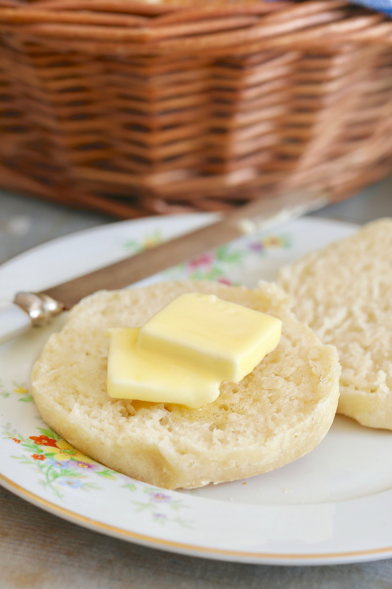 Simple english muffin recipe, cut to show texture.